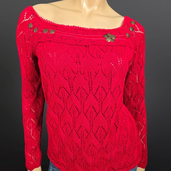 Y2K Red Beaded Sweater Womens Size L Fairy Boho Whimsigoth Velvet Ribbon Trim - Picture 1 of 12